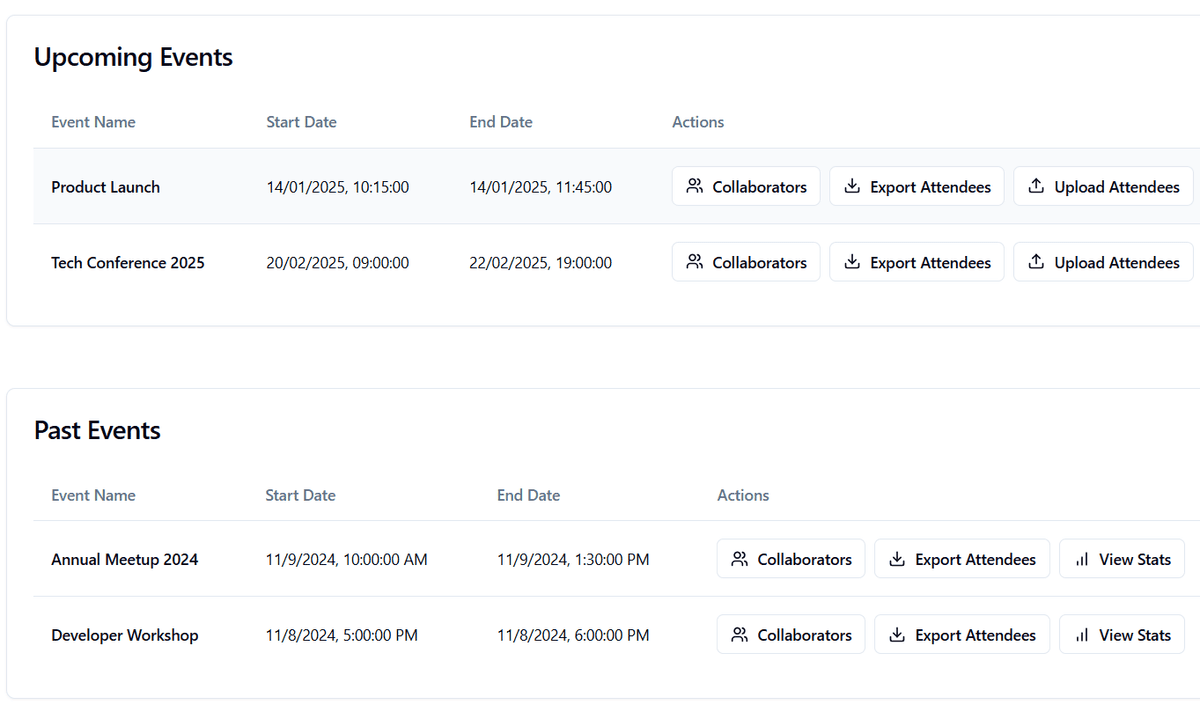CheckInOS dashboard interface showing attendee management and analytics